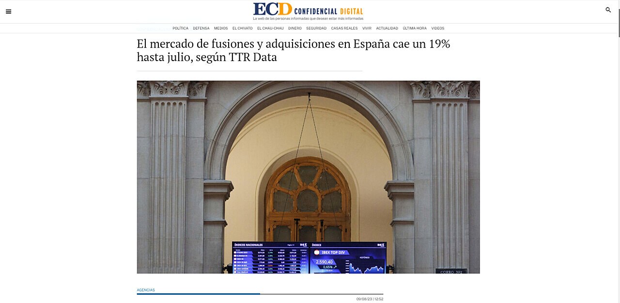 El mercado de fusiones y adquisiciones en Espaa cae un 19% hasta julio, segn TTR Data